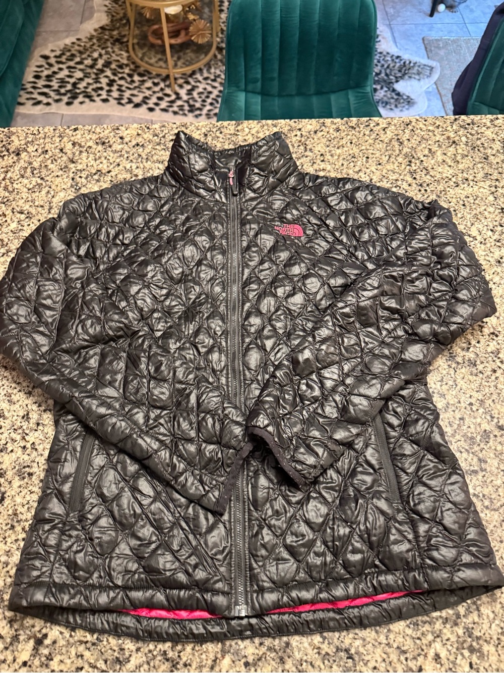 The North Face Thermoball Women’s Black Quilted Puffer Jacket with Pink Logo